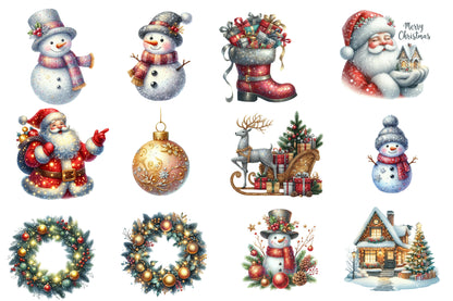Glittering Christmas Watercolor Clipart PNG Bundle | Santa Claus Christmas PNG | Glitter Holiday Sublimation