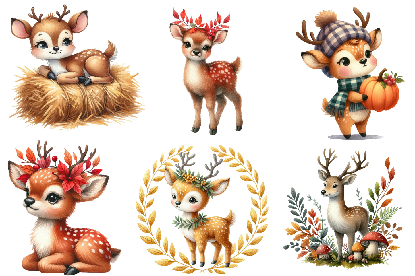 Autumn Cute Deer Clipart PNG Bundle | Watercolor Fall Woodland Deer Clipart | Cozy Harvest Deer PNG