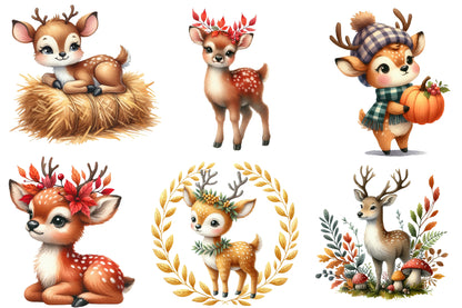 Autumn Cute Deer Clipart PNG Bundle | Watercolor Fall Woodland Deer Clipart | Cozy Harvest Deer PNG
