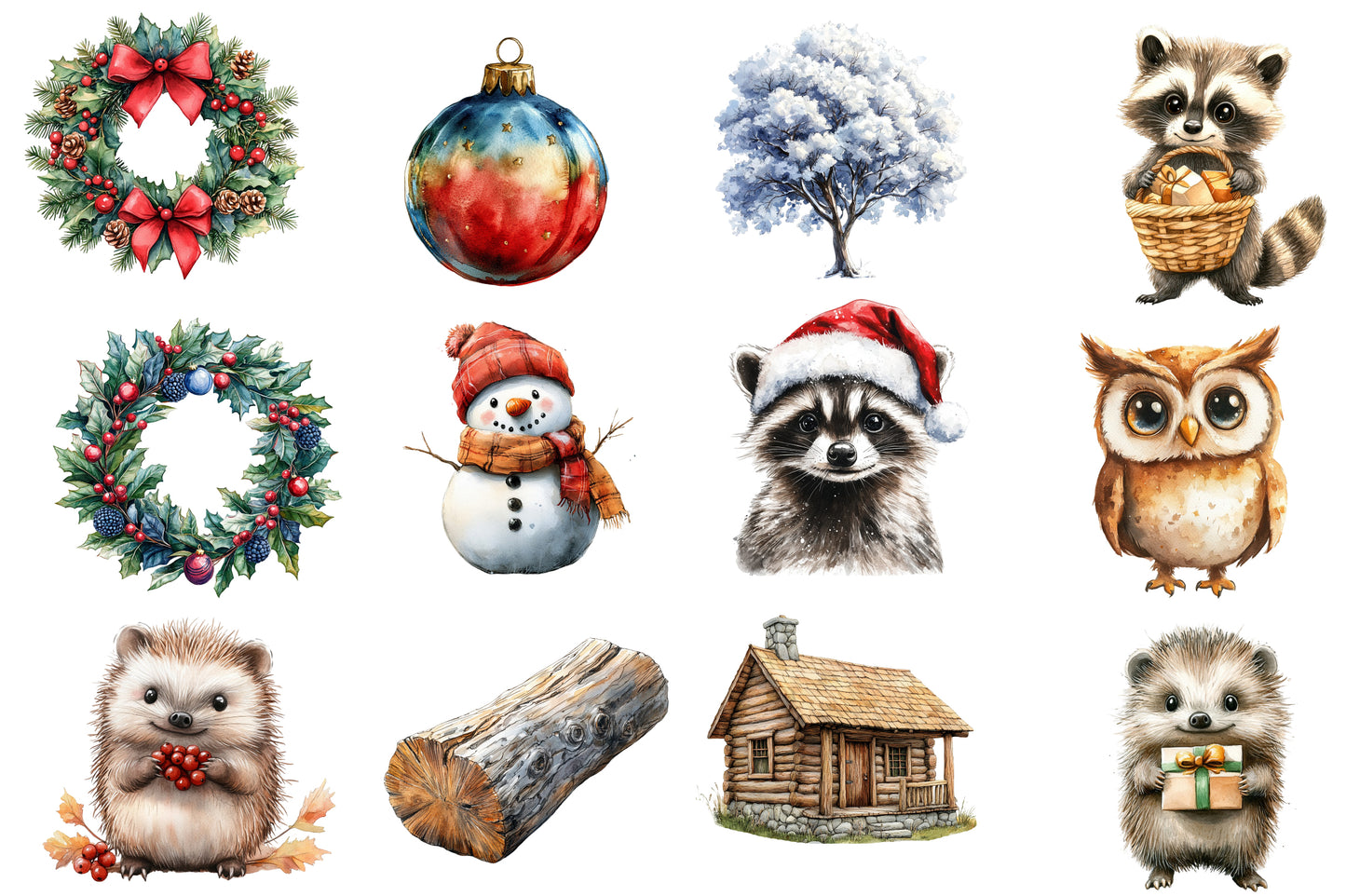 Christmas Woodland Clipart PNG Bundle | Rustic Cabins, Christmas Tree, Woodland Animals, Snowy Trees & Holiday Decor