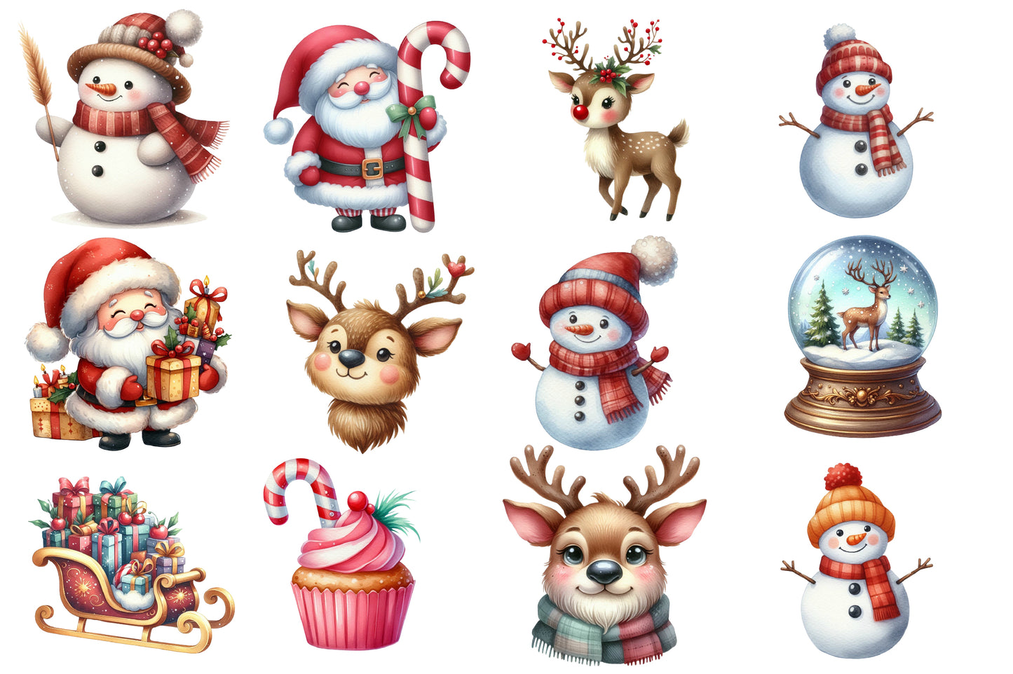 Cute Christmas Clipart PNG Bundle | Santa Claus, Snowman, Reindeer, Christmas Tree, Wreath, Gifts & Candy Cane Clipart
