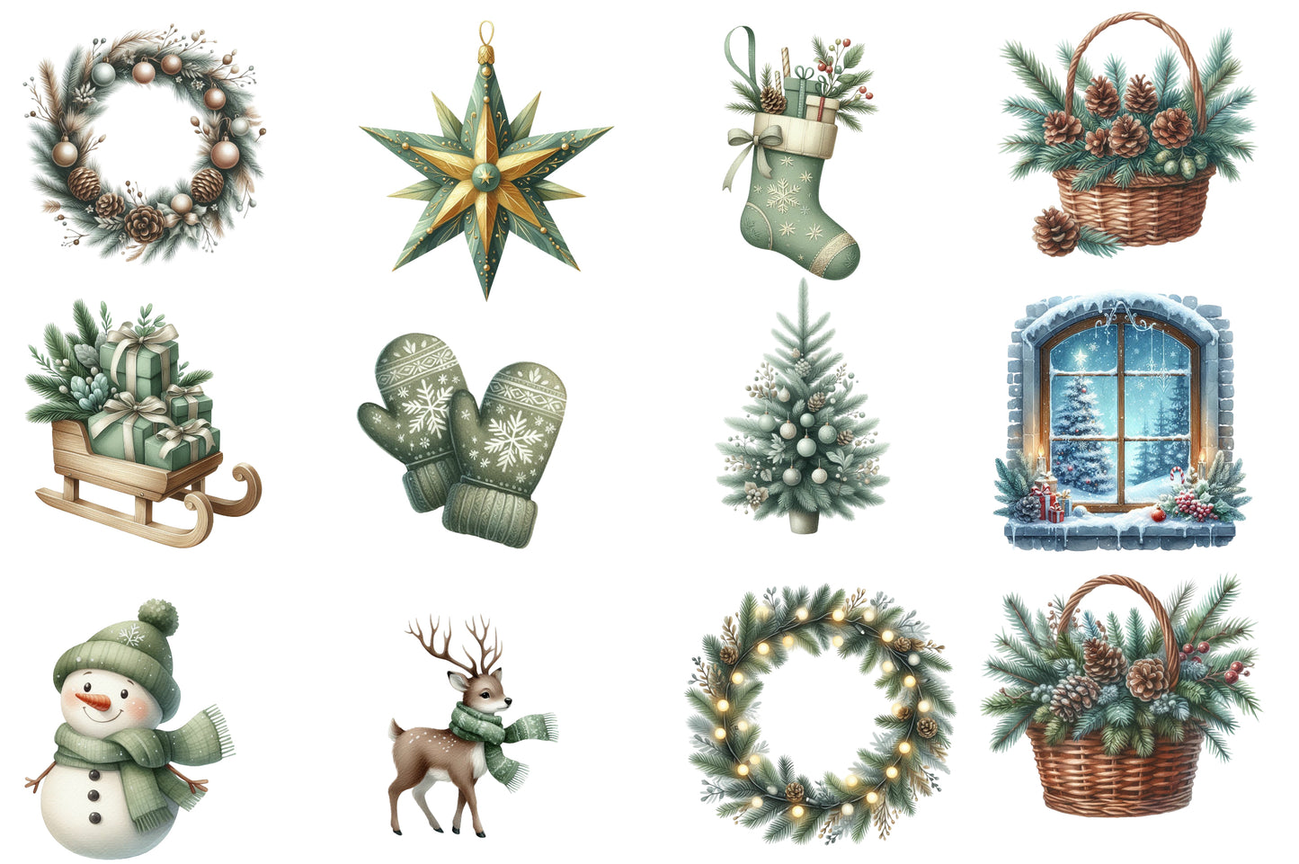 Neutral Christmas Clipart PNG Bundle | Green Christmas Watercolor Clipart | Rustic Winter Holiday Sublimation PNG