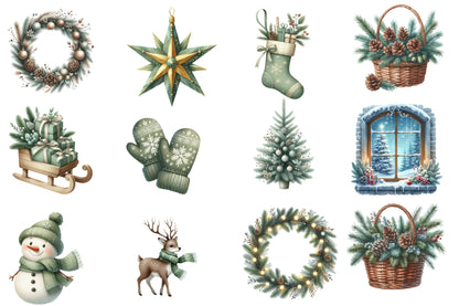 Neutral Christmas Clipart PNG Bundle | Green Christmas Watercolor Clipart | Rustic Winter Holiday Sublimation PNG