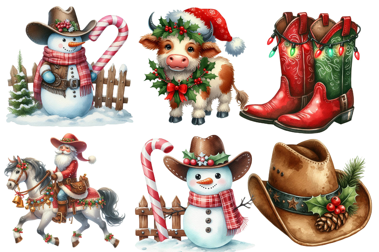 Christmas Western Clipart PNG Bundle | Rustic Cowboy Christmas Watercolor Clipart | Western Holiday Sublimation PNG
