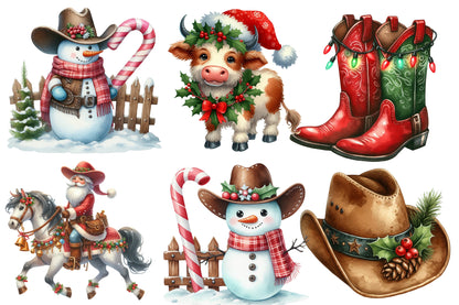 Christmas Western Clipart PNG Bundle | Rustic Cowboy Christmas Watercolor Clipart | Western Holiday Sublimation PNG