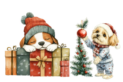 Christmas Dog Clipart PNG Bundle | Watercolor Cute Christmas Dog Clipart | Festive Holiday Puppy Sublimation PNG