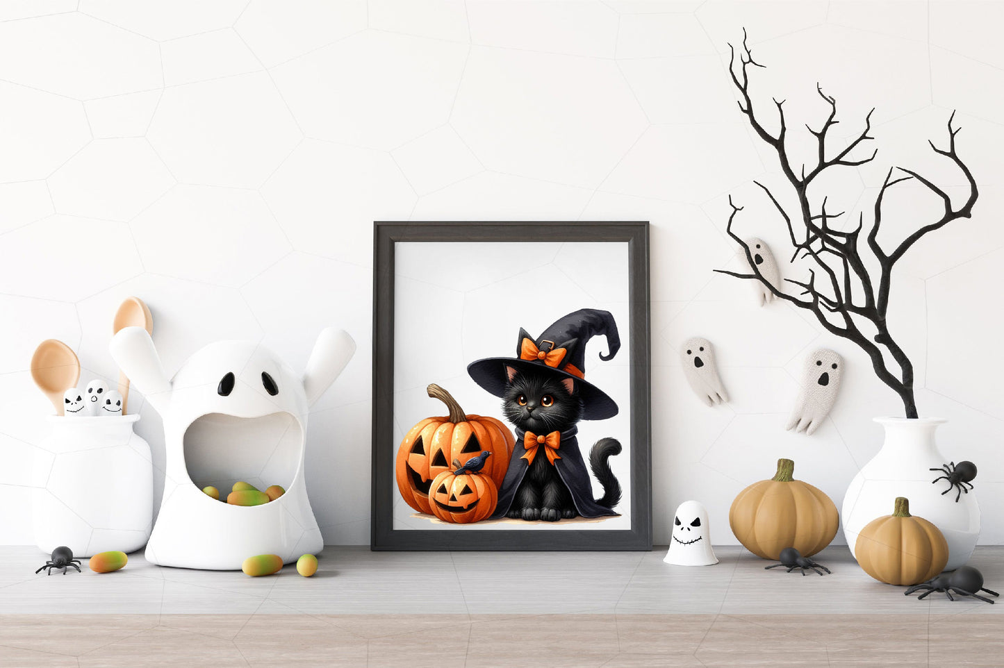 26 Watercolor Halloween Black Cat PNG Clipart Bundle Cute Witch Pumpkin