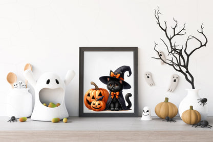 26 Watercolor Halloween Black Cat PNG Clipart Bundle Cute Witch Pumpkin