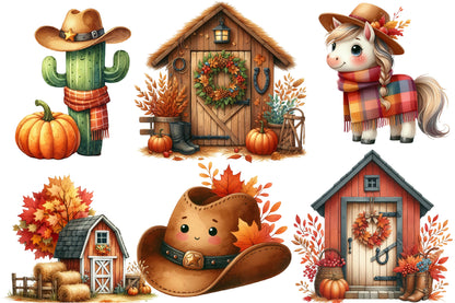 Cowboy Autumn Watercolor Clipart PNG Bundle | Western Fall Clipart | Autumn Sublimation