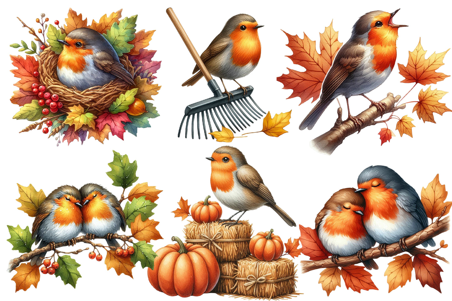 Autumn Robin Clipart PNG Bundle | Watercolor Fall Robin Bird Clipart | Cozy Woodland Robin PNG