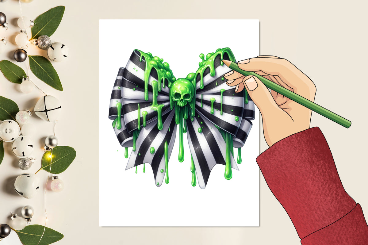 Halloween Striped Coquette Bow PNG Bundle Green Drip Bow Clipart