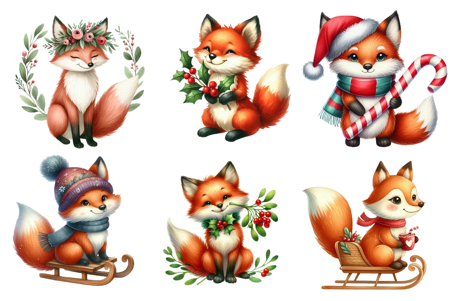 Christmas Foxes PNG Clipart Bundle | Watercolor Cute Christmas Fox Clipart | Woodland Holiday Sublimation PNG