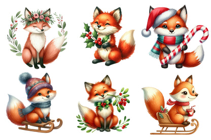 Christmas Foxes PNG Clipart Bundle | Watercolor Cute Christmas Fox Clipart | Woodland Holiday Sublimation PNG