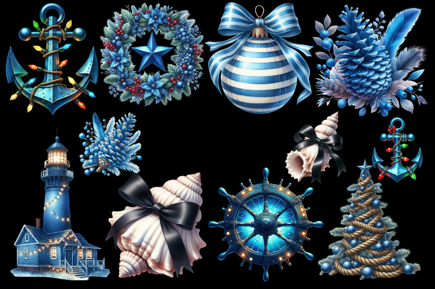 Merry Maritime Christmas Clipart PNG Bundle | Nautical Santa, Christmas Boat, Anchor & Coastal Holiday Designs