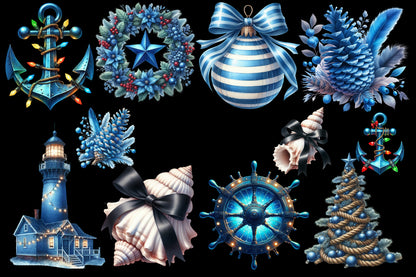 Merry Maritime Christmas Clipart PNG Bundle | Nautical Santa, Christmas Boat, Anchor & Coastal Holiday Designs