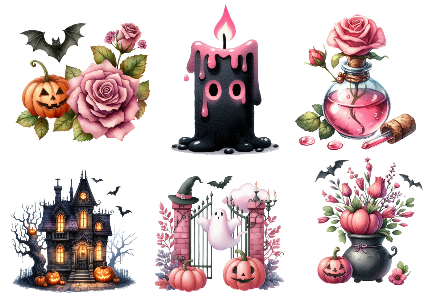 Pastel Goth Halloween Clipart PNG Bundle | Gothic Halloween Watercolor Clipart | Pink Halloween Sublimation PNG
