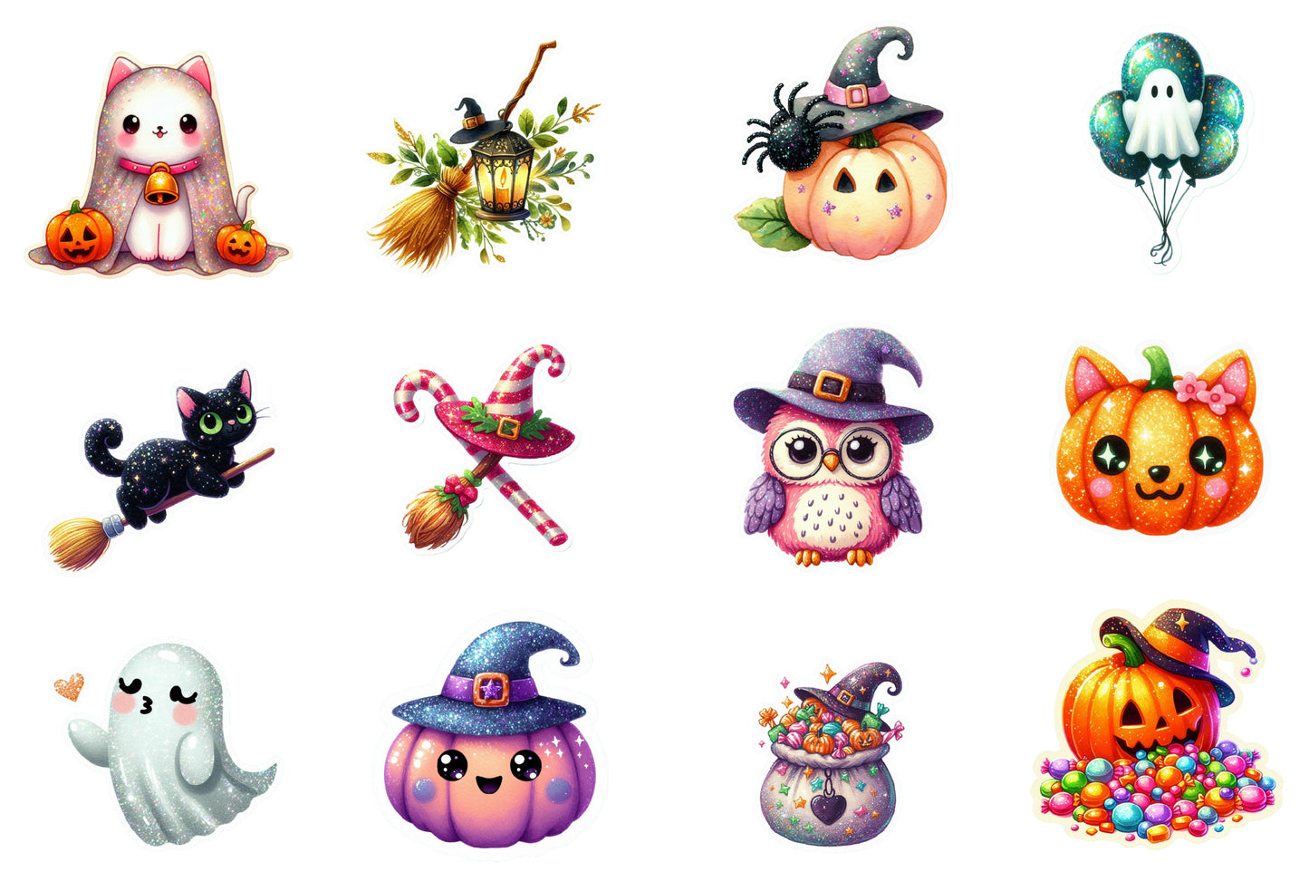 Halloween Sticker Clipart PNG Bundle | 45 Cute Glitter Halloween Stickers, Ghost Witch Cat Pumpkin Bat,