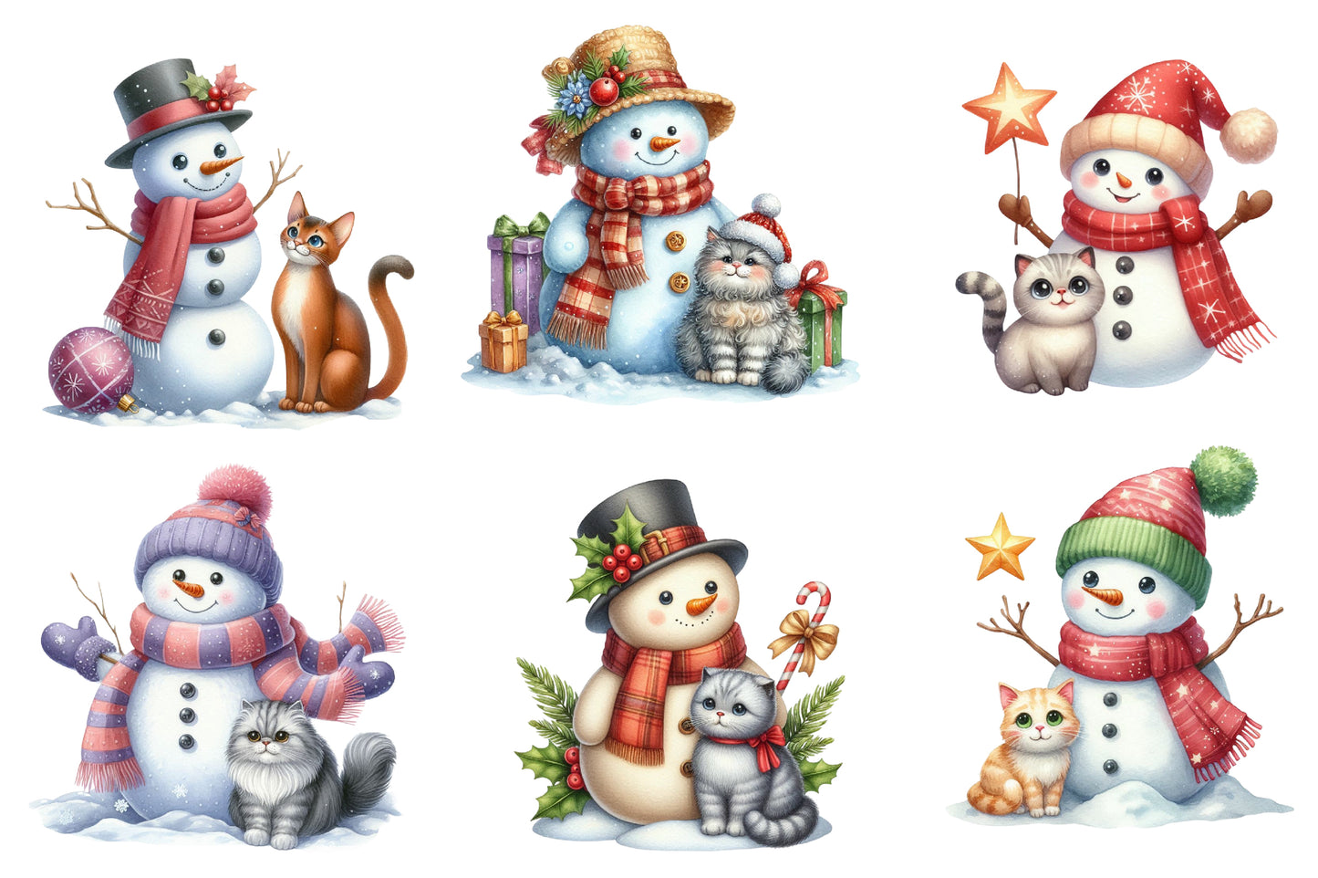 Christmas Snowman with Cats Sublimation PNG Bundle | Cute Watercolor Snowman & Cat Christmas Clipart | Winter Holiday PNG
