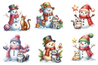 Christmas Snowman with Cats Sublimation PNG Bundle | Cute Watercolor Snowman & Cat Christmas Clipart | Winter Holiday PNG