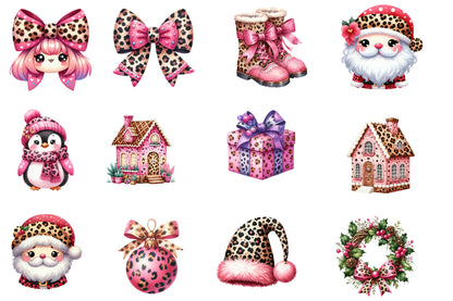 Kawaii Pink Leopard Christmas Watercolor Clipart PNG Bundle | Cute Animal Print Holiday Clipart | Pink Christmas Sublimation PNG