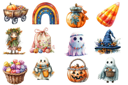 Boho Halloween Trick or Treat Clipart PNG Bundle | Watercolor Cute Boho Halloween Clipart | Spooky Autumn Sublimation PNG