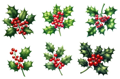 Christmas Red Berries Branches Clipart PNG Bundle | Watercolor Winter Red Berry Branches | Holiday Botanical Sublimation PNG