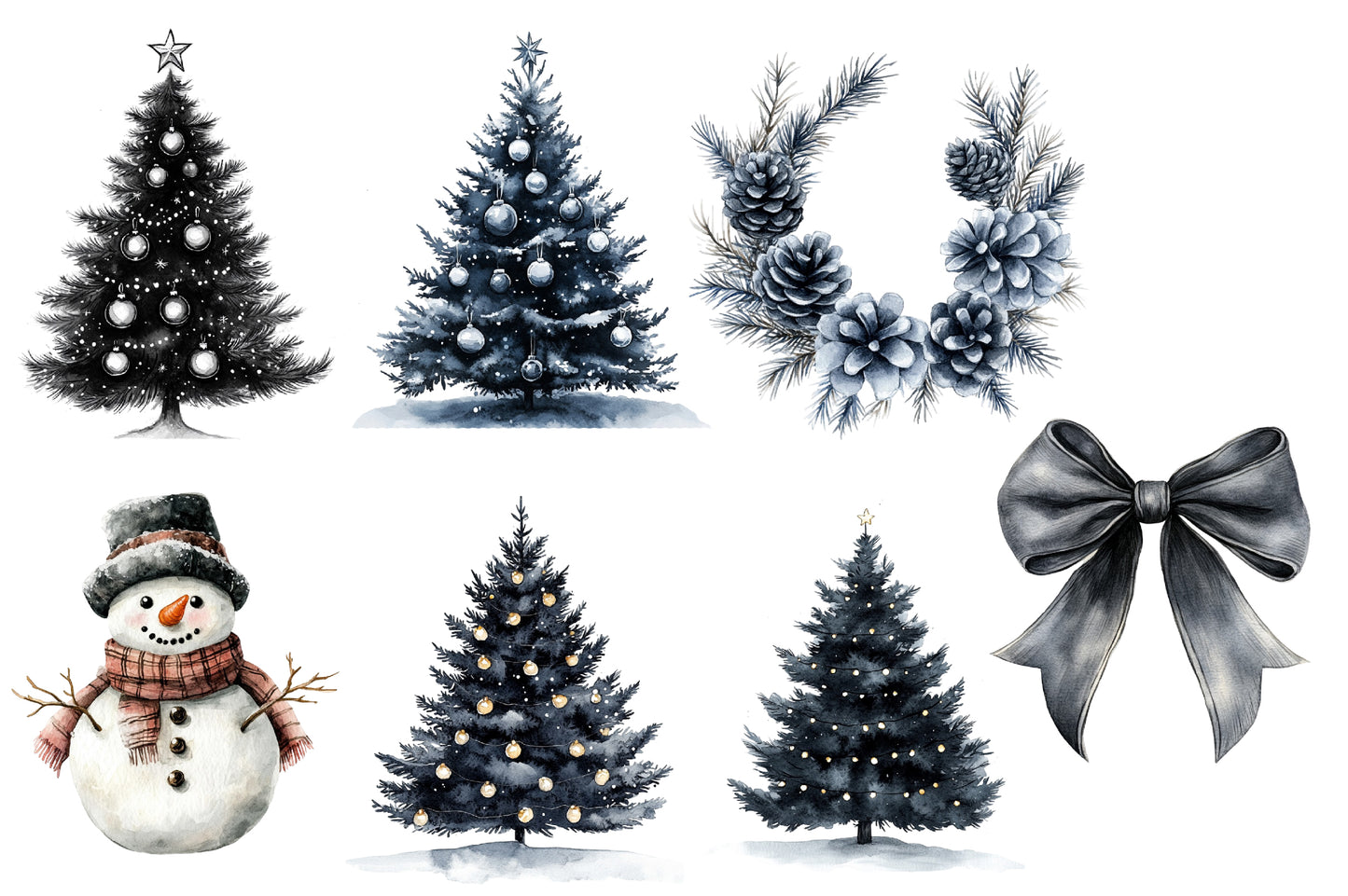 Black and White Christmas Clipart PNG Bundle | Elegant Monochrome Holiday Watercolor Clipart | Minimalist Christmas PNG