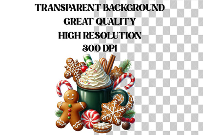 Watercolor Christmas Hot Chocolate Clipart PNG Bundle | Gingerbread & Candy Cane Cocoa Designs
