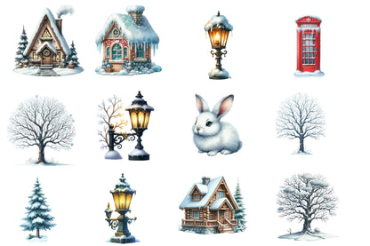 Winter Christmas Clipart PNG Bundle | Snowy Winter Watercolor Clipart | Cozy Christmas PNG