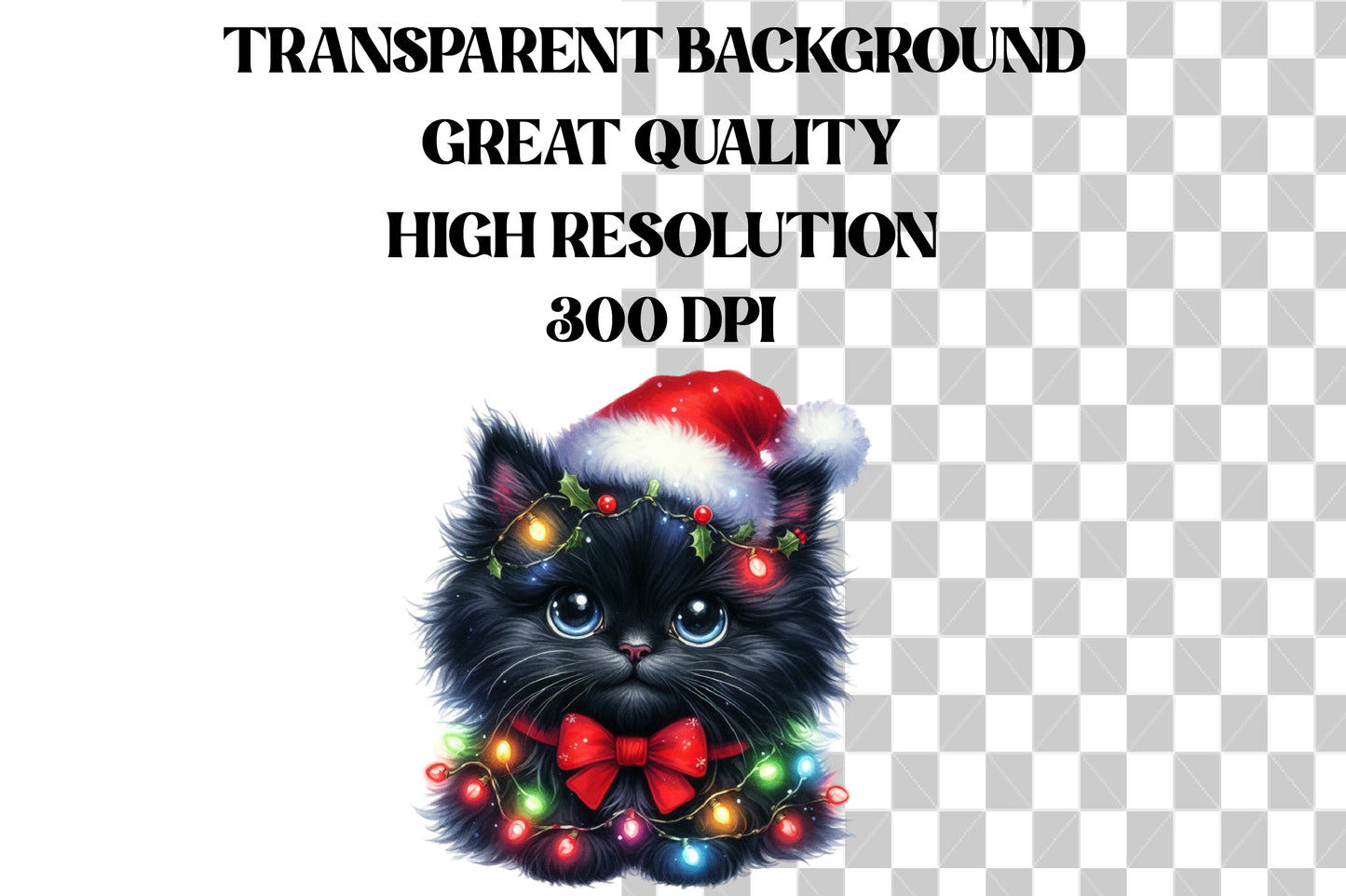 Christmas Black Cat Clipart PNG Bundle | Cute Watercolor Black Cat, Santa Hat, Christmas Lights & Festive Kitty Designs