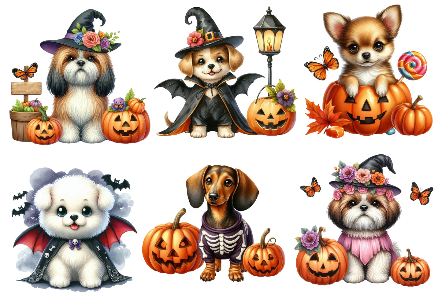 Watercolor Halloween Dogs Clipart PNG Bundle | Cute Spooky Dogs, Pumpkins, Ghosts & Witch Costumes PNG