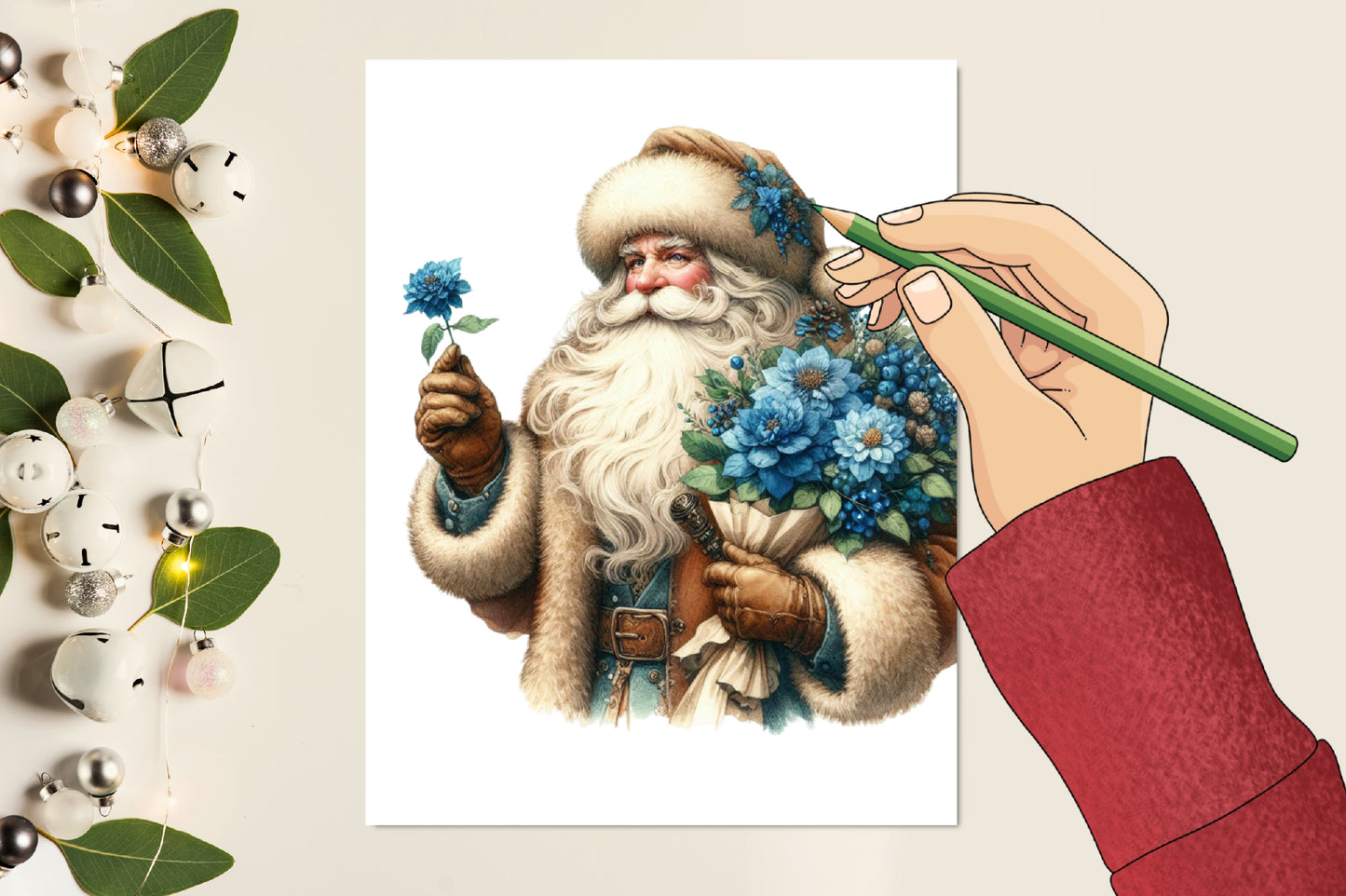 Blue & Beige Christmas PNG Bundle | Watercolor Christmas Clipart, Santa, Blue Roses & Elegant Holiday Decor