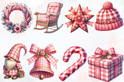 44 Watercolor Christmas Pink Gingham PNG Bundle Santa Deer Bow Clipart