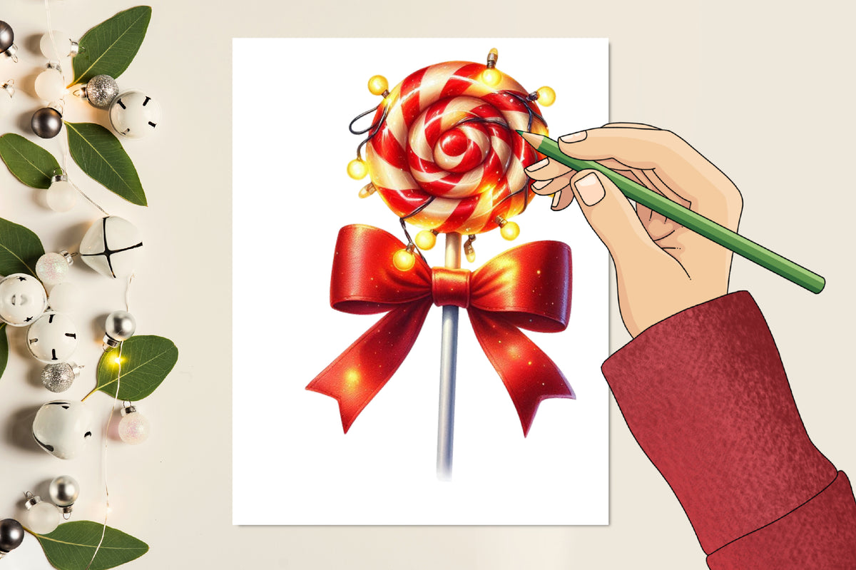 18 Christmas Candy Lollipop PNG Clipart Bundle Watercolor Red Bow Holiday