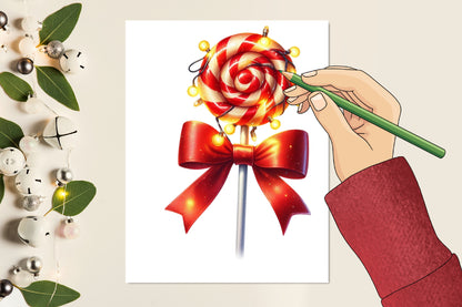 18 Christmas Candy Lollipop PNG Clipart Bundle Watercolor Red Bow Holiday