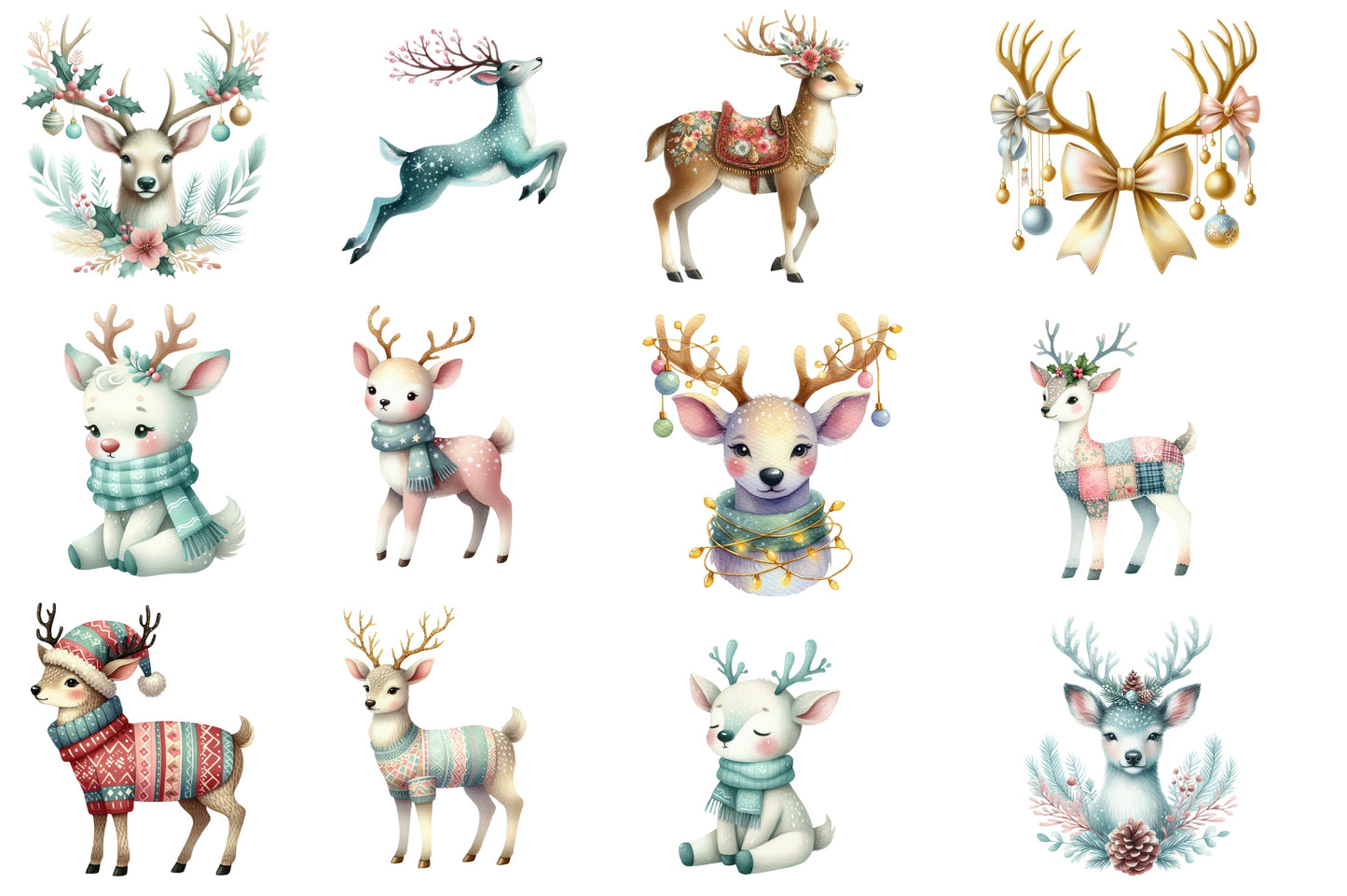 Christmas Reindeer Clipart PNG Bundle | Watercolor Cute Reindeer Christmas Clipart | Holiday Winter Animal Sublimation PNG