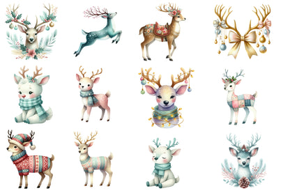 Christmas Reindeer Clipart PNG Bundle | Watercolor Cute Reindeer Christmas Clipart | Holiday Winter Animal Sublimation PNG