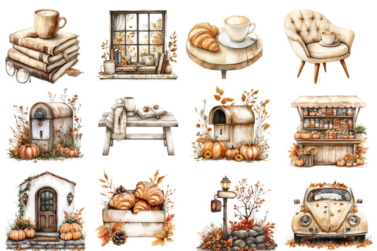 Fall In City Watercolor Clipart PNG Bundle | Cozy Autumn City Clipart | Fall Sublimation