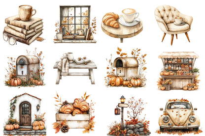 Fall In City Watercolor Clipart PNG Bundle | Cozy Autumn City Clipart | Fall Sublimation