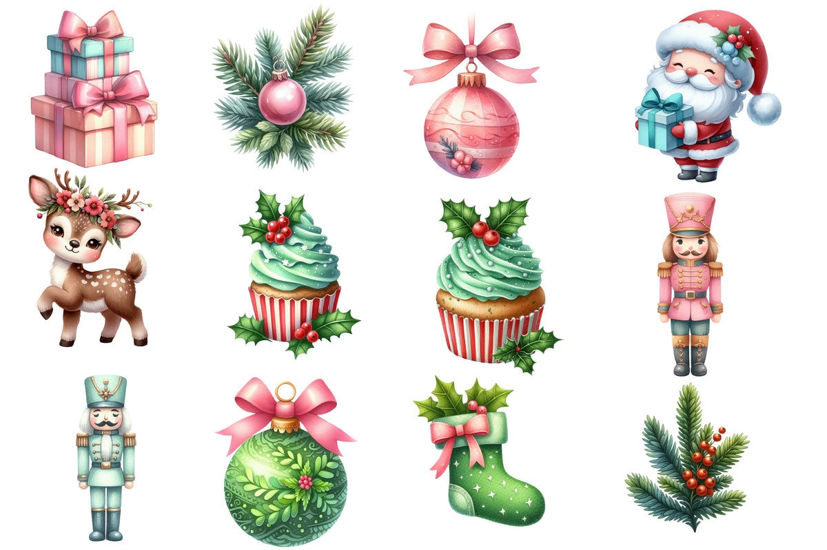 Christmas Clipart PNG Bundle | Watercolor Christmas Ornaments, Christmas Tree, Deer, Snowman, Santa, Nutcracker, Gifts & Winter Elements