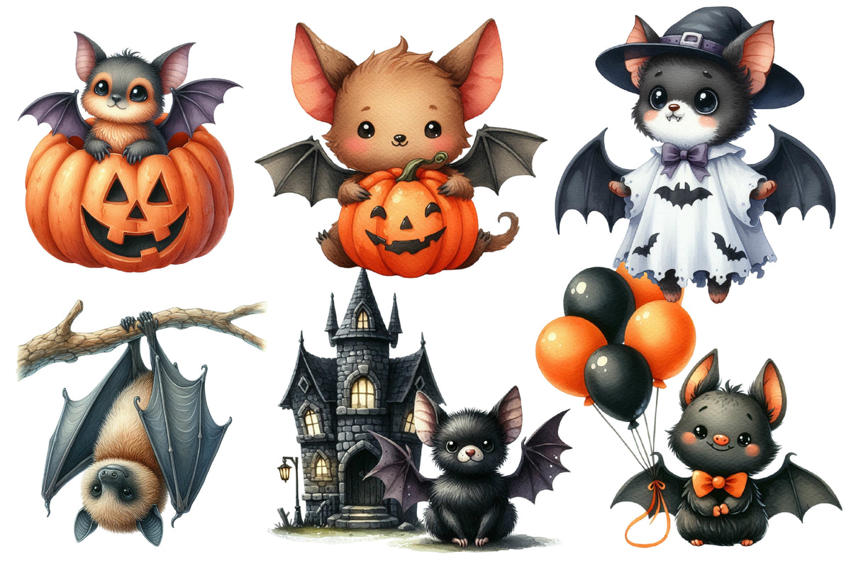Halloween Bats Clipart PNG Bundle | Cute Bat PNG, Witch Bat Clipart, Kawaii Halloween Bat, Spooky Bat Sublimation