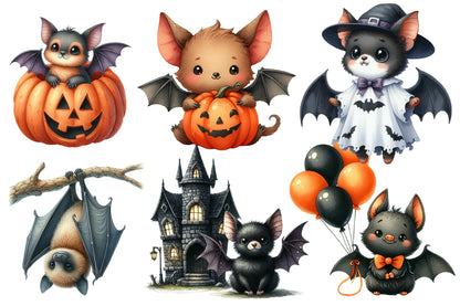 Halloween Bats Clipart PNG Bundle | Cute Bat PNG, Witch Bat Clipart, Kawaii Halloween Bat, Spooky Bat Sublimation