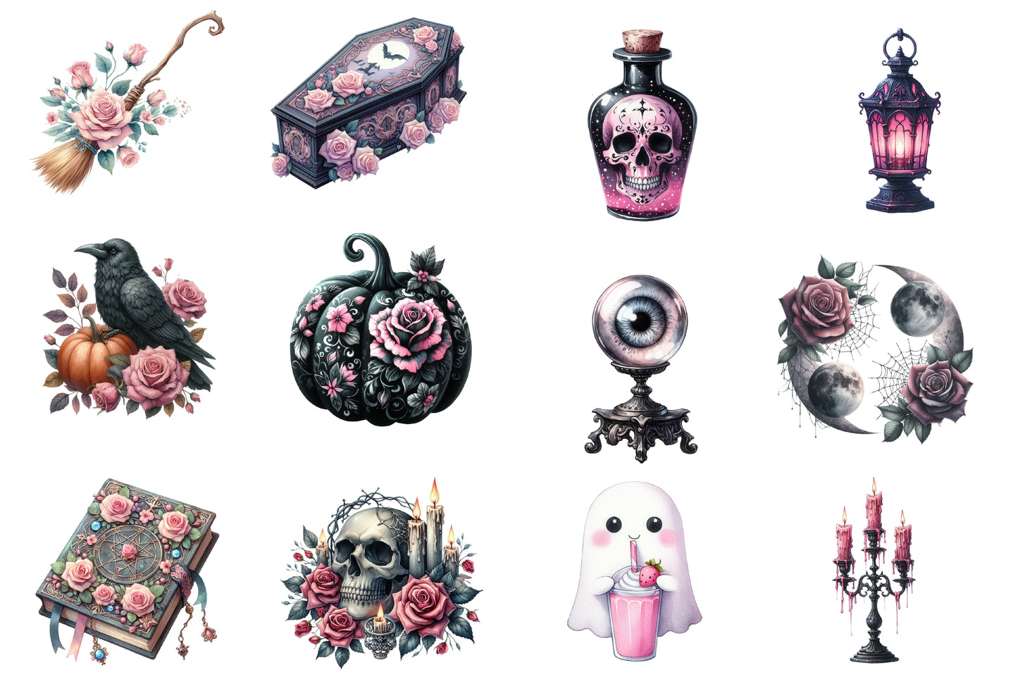 Pastel Goth Halloween Clipart PNG Bundle | Gothic Halloween Watercolor Clipart | Pink Halloween Sublimation PNG