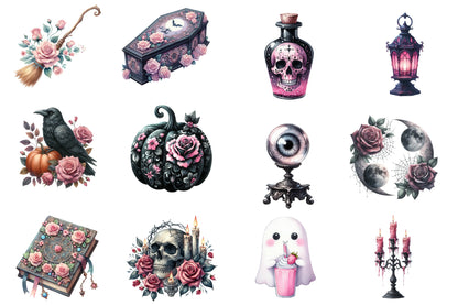 Pastel Goth Halloween Clipart PNG Bundle | Gothic Halloween Watercolor Clipart | Pink Halloween Sublimation PNG