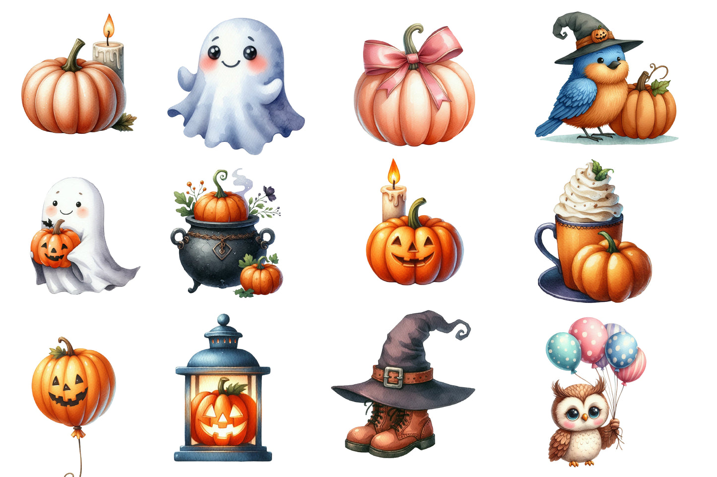 Kawaii Halloween Clipart PNG Bundle | Cute Ghost, Owl, Cat & Pumpkin Clipart