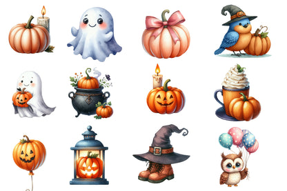 Kawaii Halloween Clipart PNG Bundle | Cute Ghost, Owl, Cat & Pumpkin Clipart