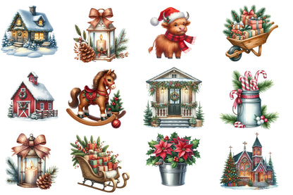 Christmas Farm Sublimation Clipart PNG Bundle | Watercolor Rustic Farm Christmas Clipart | Holiday Farmhouse PNG
