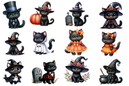 Halloween Black Cat Clipart PNG Bundle | Cute Witch Cat PNG, Black Cat Halloween Clipart