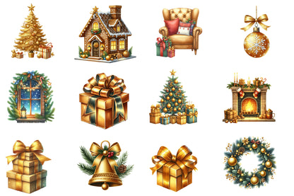 Gold Christmas Watercolor Clipart PNG Bundle | Golden Christmas PNG | Elegant Holiday Sublimation