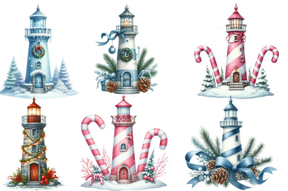 Christmas Lighthouse Clipart PNG Bundle | Watercolor Coastal Christmas Lighthouse Clipart | Nautical Holiday Sublimation PNG